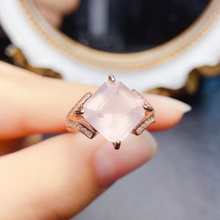 New natural pink crystal ring S925 silver inlaid main stone 10*10mm Joker net red explosions women's jewelry wholesale