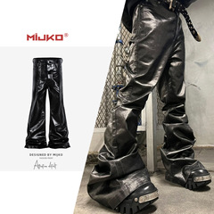 MIJKOメンズ女性高街長ズボン男女同モデルの広足ファッション黒コーティングの明るい面の漆の薄いラッパのジーパン