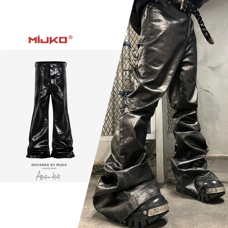 MIJKO men's high street trousers men's and women's same style wide-leg trendy black coated glossy patent leather skinny jeans