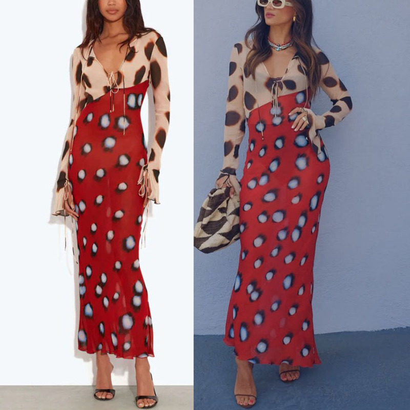 Mesh Long-Sleeve Dress New Style Ins See-Through 2026 European and American Tie-Dye Printed Stretch Cross-Border Women's Dress Mesh Long-Sleeve Dress New Style Ins See-Through 2026 European and American Tie-Dye Printed Stretch Cross-Border Women's Dress