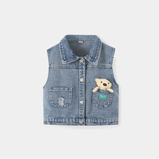 2024 Autumn New Boys and Girls Denim Vest Children's Western Style Top Baby Sleeveless Jacket Internet Popular Children's Wear