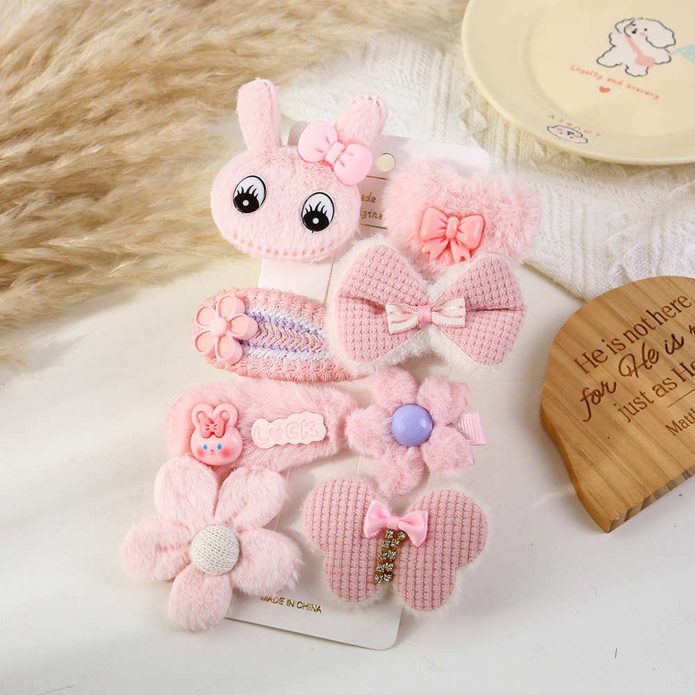 Otoño y invierno dibujos animados adorables clips para el cabello para niños dulce viento arco conejo conjunto de ocho piezas frangeas rotas clips para el cabello