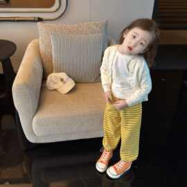 女童套装2026春夏季新款韩版休闲宽松套装圆领短袖外套条纹裤套装