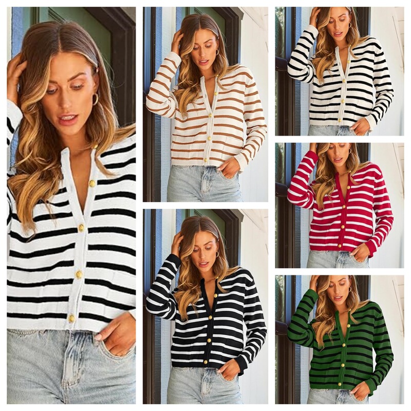 2024 Cross-Border Amazon New Round Neck Gold Button Cardigan Sweater Color Striped Knitted Tops Women's Top