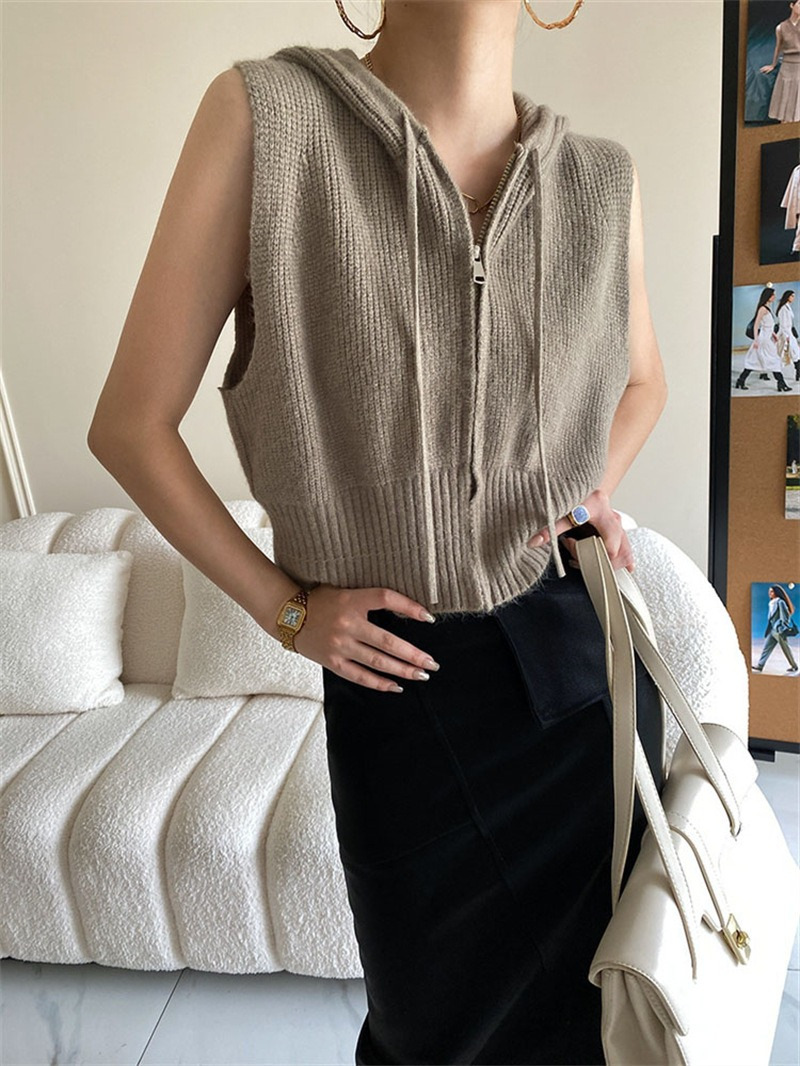 Retro chaleco encapuchado de hombro de punto Cardigan corto de mujer outer vestir otoño nuevo suéter suelto sin mangas abrigo