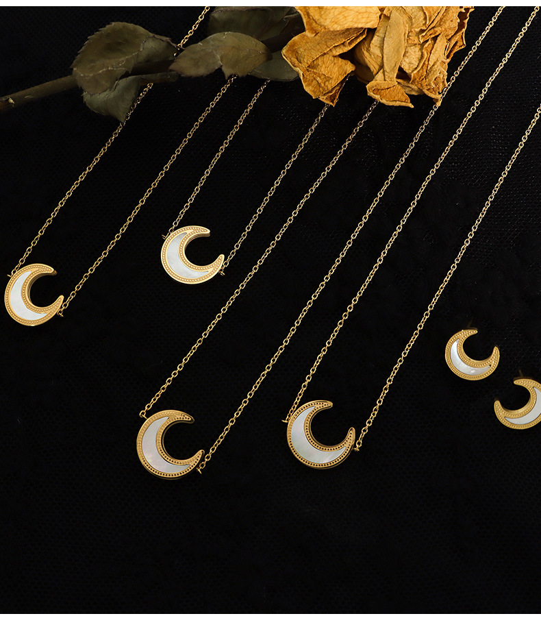 Marka French Style White Sea Shell Moon Pendant Necklace Earrings Female Clavicle Chain Titanium Ste