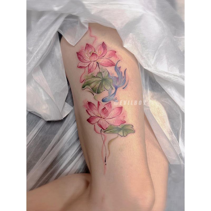 Lotus and Koi Color National Style Tattoo Sticker Instagram Explosions Sexy Spice Thigh Beautiful Pure Simulation Washable
