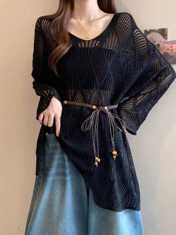 法式慵懒风v领镂空针织衫女夏季新款胖mm时尚中长款防晒罩衫上衣|undefined