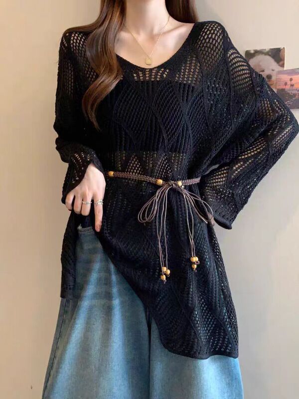 French Lazy Style V-Neck Cut Out Knitwear for Women Summer New Fat mm Fashion Mid-Length Sun Protection Blouse Top