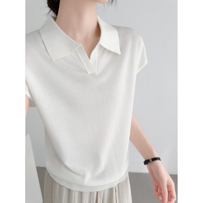 Silk Tencel Short-Sleeve Knit Top for Women, Summer Thin Loose Fit Versatile High-End Lyocell Tencel Turn-Down Collar T-Shirt Silk Tencel Short-Sleeve Knit Top for Women, Summer Thin Loose Fit Versatile High-End Lyocell Tencel Turn-Down Collar T-Shirt