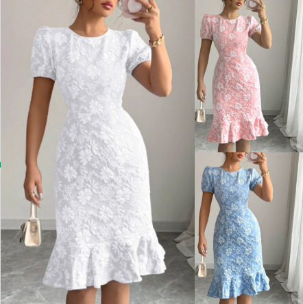2026 New Summer Style Puff Sleeve Slim Fit Printed Dress for Women, Elegant Fishtail Hip-Hugging Dress