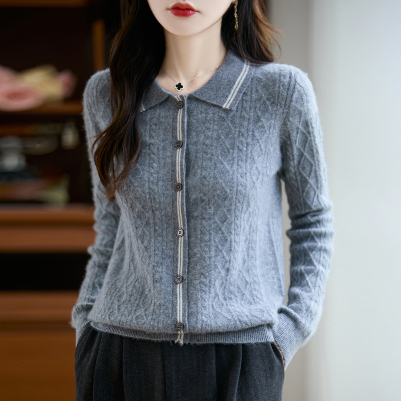 新款秋冬100羊毛女Polo衫时尚翻领开衫毛衣减龄针织衫短款一件代|undefined