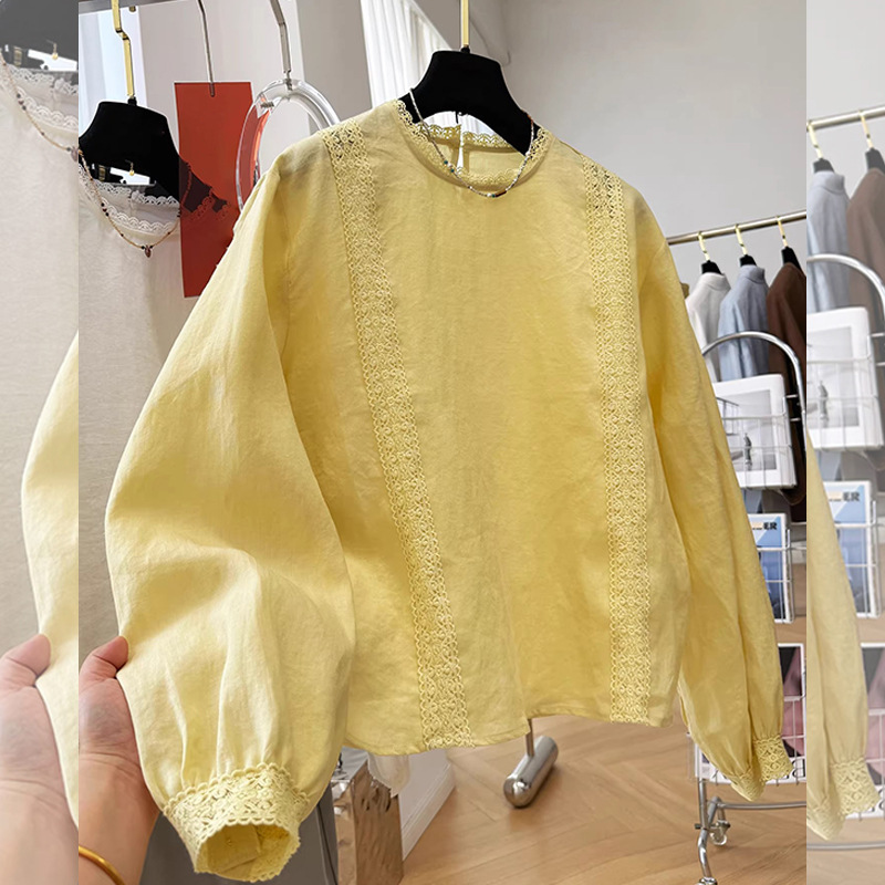 Solid Color Lace Splicing Pullover Long-Sleeved Shirt Tops for Women Spring New Large Size Loose Age-Reducing Shirt