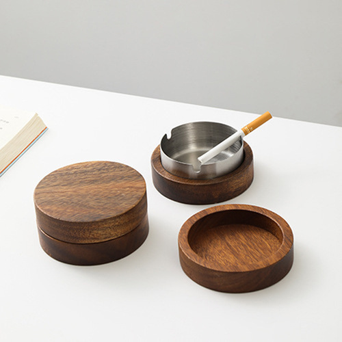 New walnut ashtray, creative, fashionable and convenient ashtray, solid wood stainless steel desktop decoration, tea tray accessories