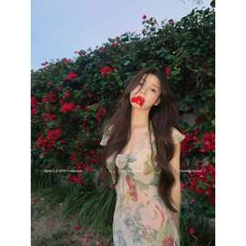 Ava***法式复古V领小飞袖修身连衣裙真丝斜裁顺纡绉长裙图片色