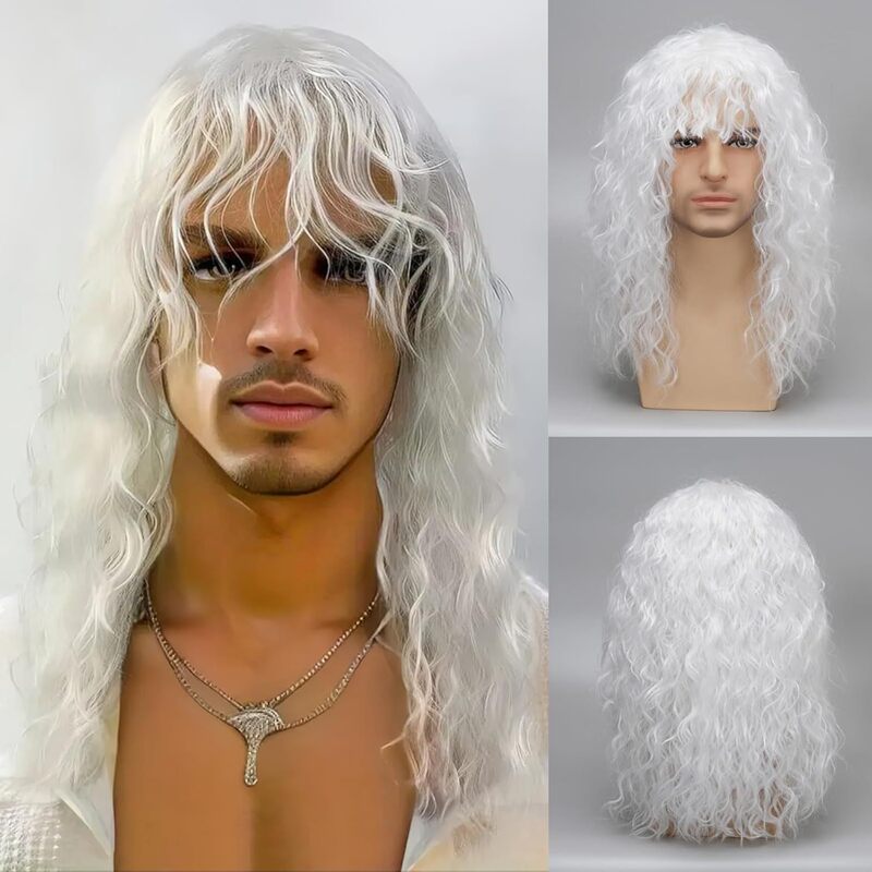 Cross-Border New Wig 80S White Long Curly Hair Black Fish Head Men's Heavy Metal Rock Chemical Fiber Headgear