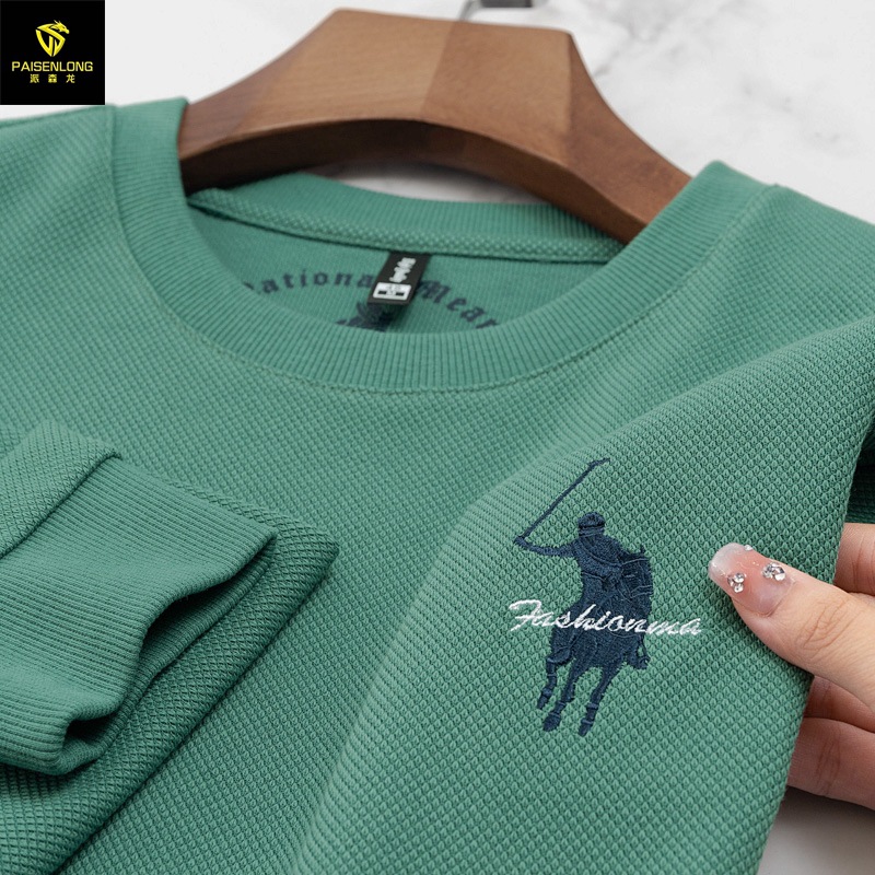 Long Waffle Sweater Men's 2023 Autumn/Winter Round Neck Sweater Embroidered Comfortable Hooded Pullover Men's Top_viptrois.com