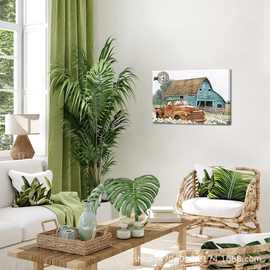 亚马逊跨境农舍装饰墙艺图片 - 青色谷仓红色卡车旧风车帆布艺术
