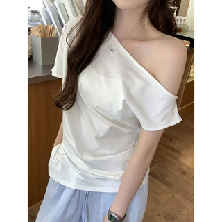 跨境一件代发夏季气质斜肩短袖t恤女式开叉不规则辣妹修身上衣