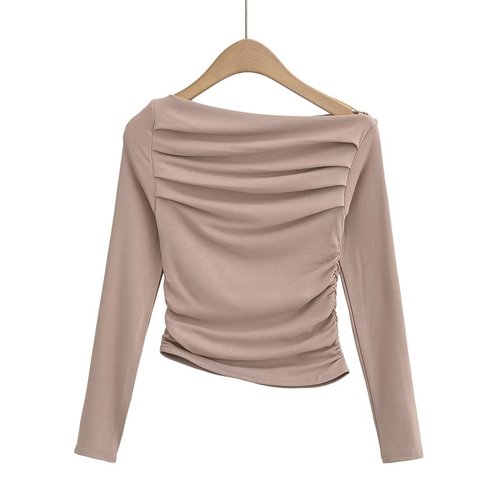 Women's Autumn Sweet and Spicy Instagram Slope-Shoulder Base Shirt Slim Folded Long-Sleeve Short T-Shirt