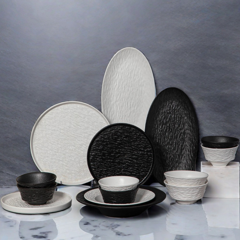 Chaozhou Tableware with Stone Pattern, High Aesthetic Value Bowls, Ceramic Household Luxury Bowl and Plate Set, Rice Bowls, Steak Plates, Western-Style Fish Plates
