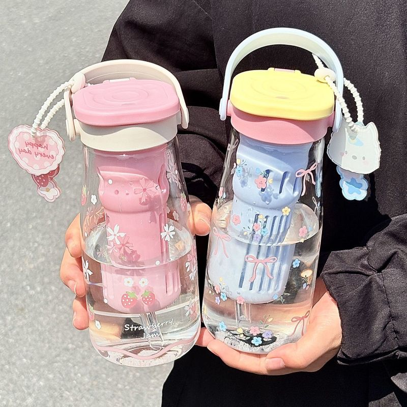 見た目の良い女の子向けのかわいい高ホウケイ酸ガラスカップ、ダブルストローカップ、茶水分離フラワーティーカップ、学生ウォーターカップ|undefined