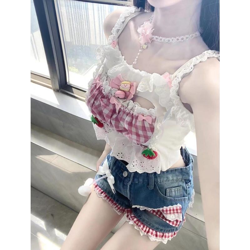 小众可爱少女设计感小清新蕾丝拼接蝴蝶结吊带上衣牛仔短裤两件套|undefined
