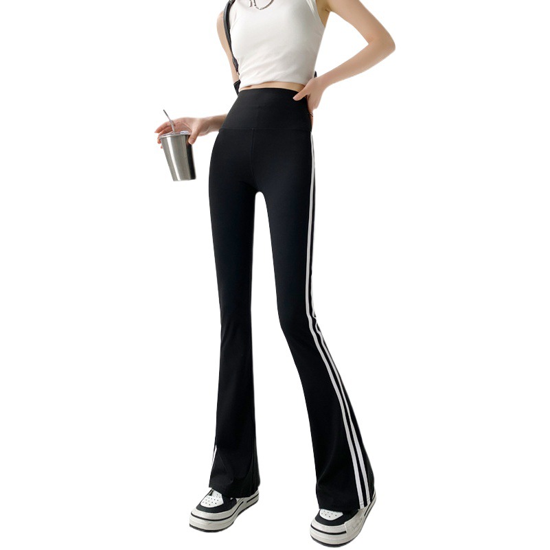 Pantalones de tiburón flaco negro pantalones de cintura alta para mujer adelgazantes pantalones a rayas pantalones de bolsillo sueltos moda primavera y otoño pantalones acampanados