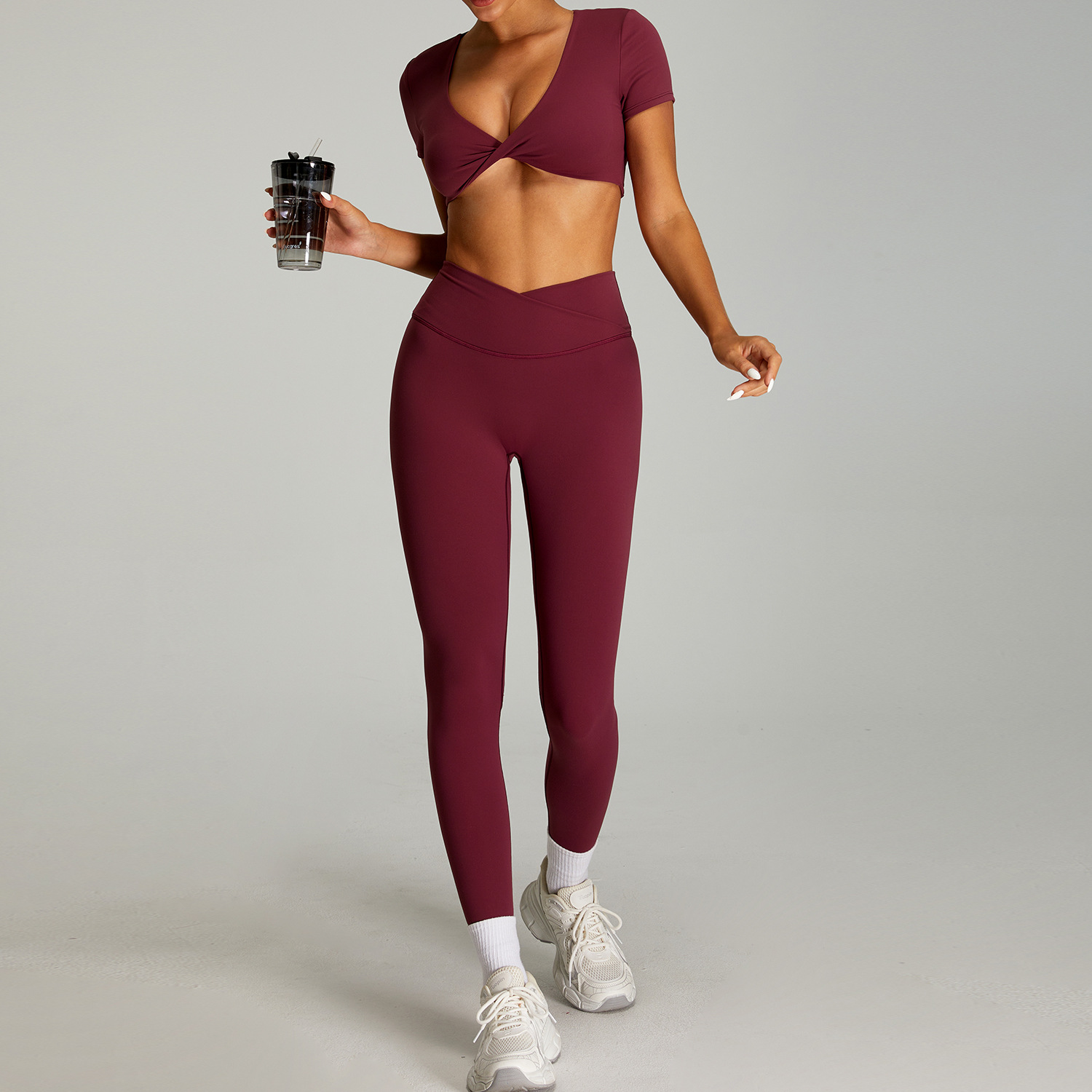 Traje de ropa de yoga desnuda de cintura alta cruzada transfronteriza, ropa de fitness ajustada de secado rápido para mujer, traje de carrera para deportes al aire libre