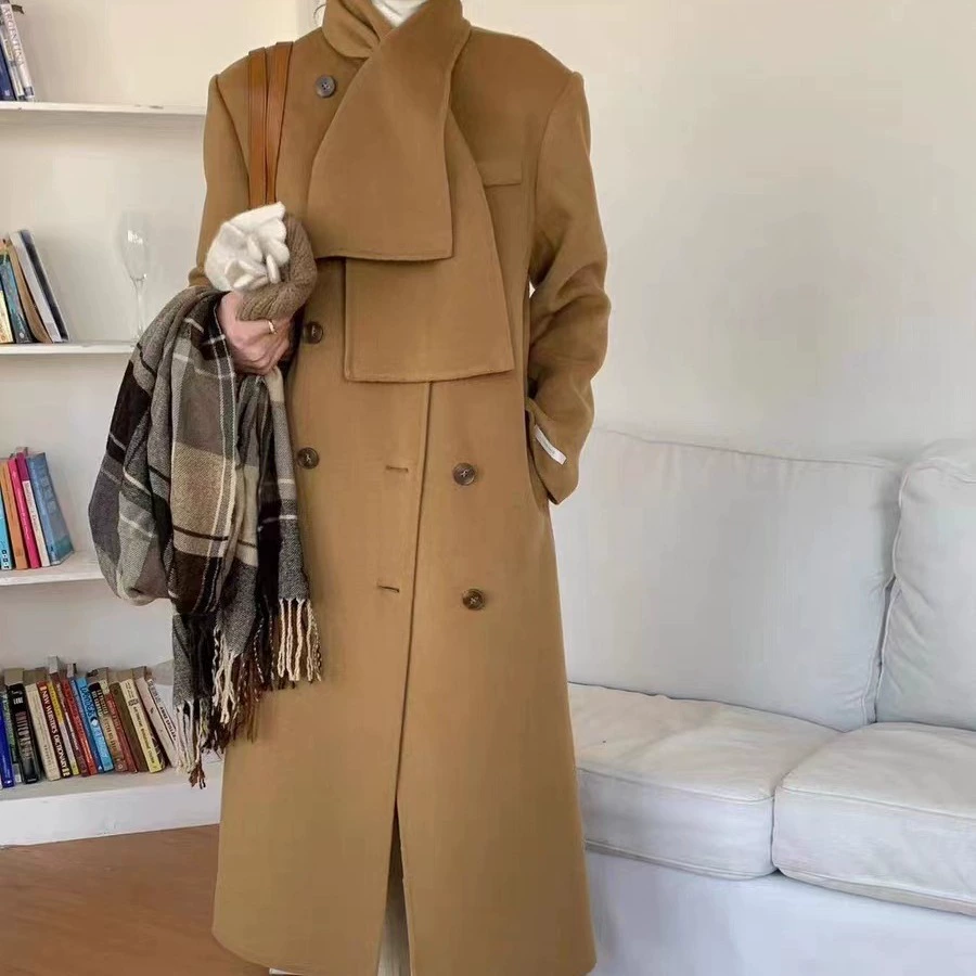 Чистые красные взрывы 2023 новое осенне-зимнее двустороннее шерстяное пальто, длинное корейское шерстяное пальто без воротника с подплечниками в наличии