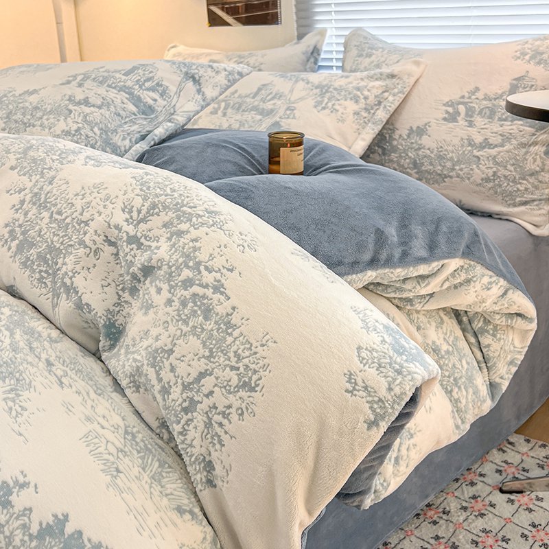 クラスAの牛乳の絨毯のベッドの上の4つのセットの冬の彫刻の絨毯のサンゴの絨毯とベルベットの保温の厚い布団のシーツの3つのセット