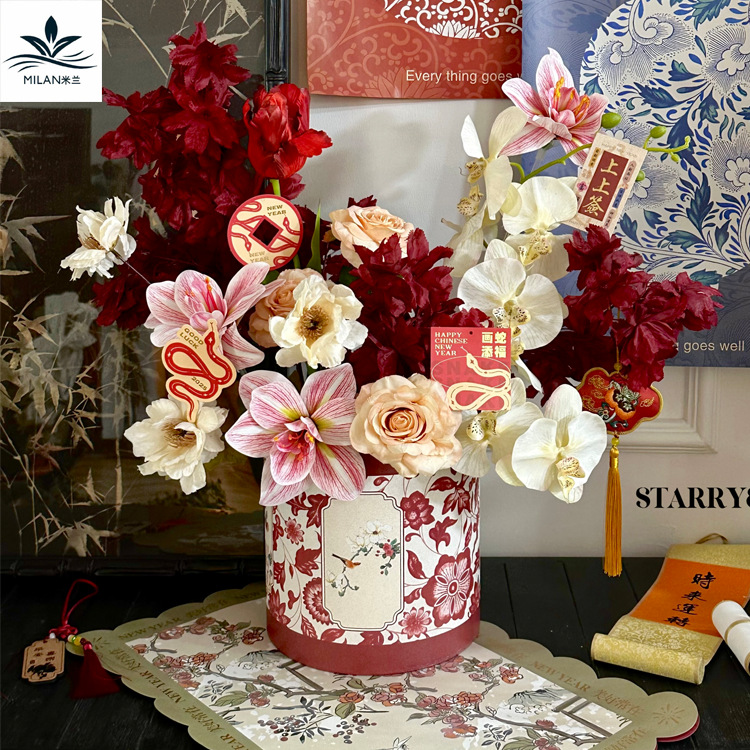 2026 Año Nuevo estampado redondo abrazar barril caja de regalo de barril de regalo de Año Nuevo estilo chino de flores de flores de barril de regalo