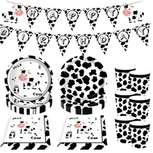 新款亚马逊小奶牛儿童生日节日派对套装拉旗纸杯纸盘生日用品装饰