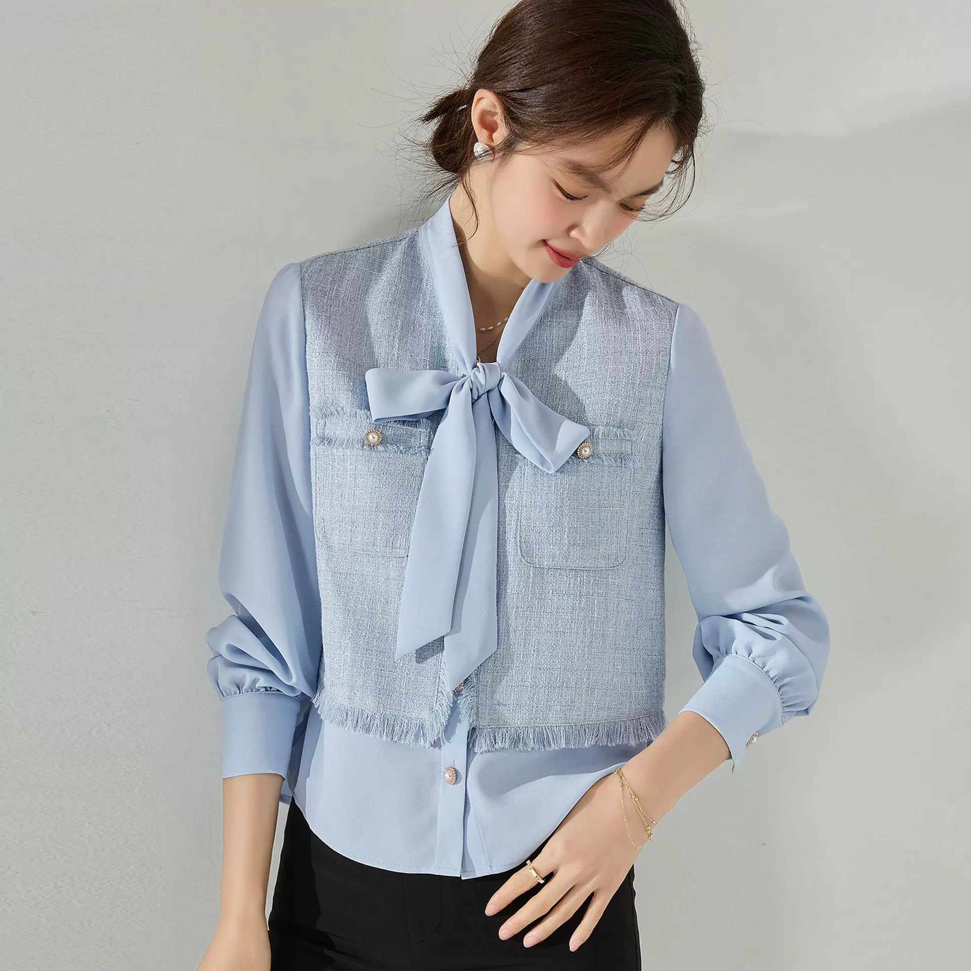 25秋季法式V领小香风长袖衬衫拼接假两件通勤雪纺飘带女上衣15571