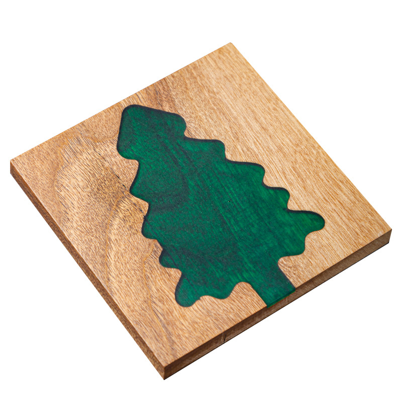 Resina transfronteriza almohadilla de taza de río piedra árbol de Navidad madera sólida empalme epoxi simple transparente almohadilla de taza de té cuadrada