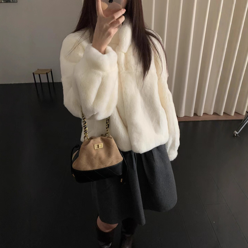 Korean Style 2025 Winter New Retro Stand Collar Loose A-Grade Rex Rabbit Fur Real Fur High-End Fur