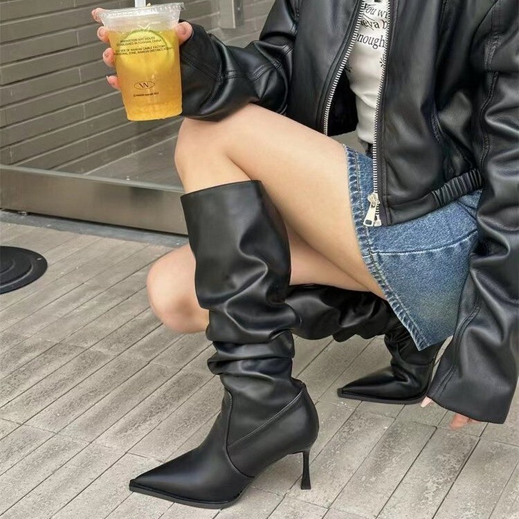 Autumn 2024 New Pointed Retro Pleated Leather Boots High Heel Sleeve Boots Design Skinny Spice Girl Women's Boots