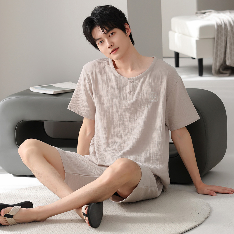 Double-Layer Gauze 100% Pure Cotton Men's Short-Sleeve Shorts Pullover Summer Men's Round-Neck Thin Home Wear Set