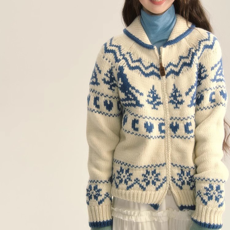 Kadın Giyim Kış Kayak Orijinal Nordic Retro Fair Isle Noel Ağacı Kazak Bol Örgü Hırka Ceket_voghion.com