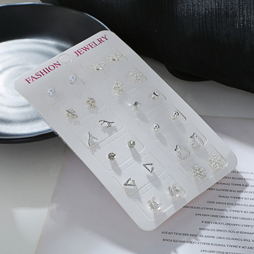 Korean Version New 12 Pair Diamond and Pearl Earrings Set, Combination of Large and Small Diamonds, Simple and Fashionable Earrings Accessories for Wholesale