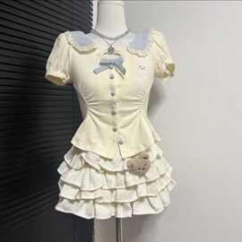 女童宝宝甜美可爱套装中大童夏季新款洋气翻领泡泡袖蛋糕裙两件套