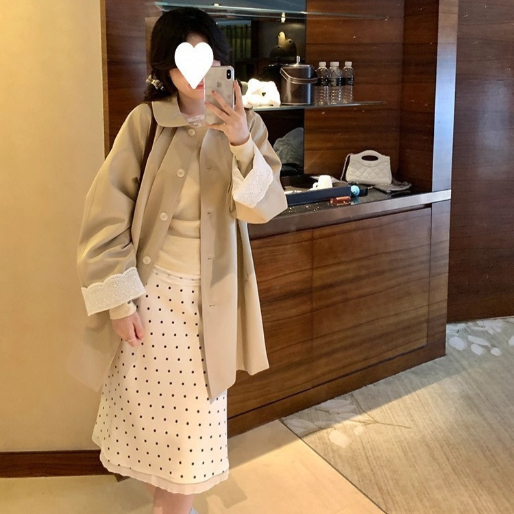 现货长岛恋人袖口花边拼接风衣外套女秋翻领大衣秋季新款|undefined