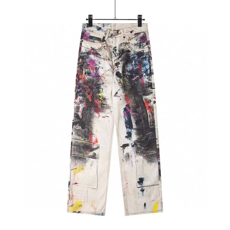 Correct Version of Ac New 1981 Retro Tie-Dye Graffiti 3D Printed Distressed Wide-Leg Internet Celebrity Style Jeans for Men and Women