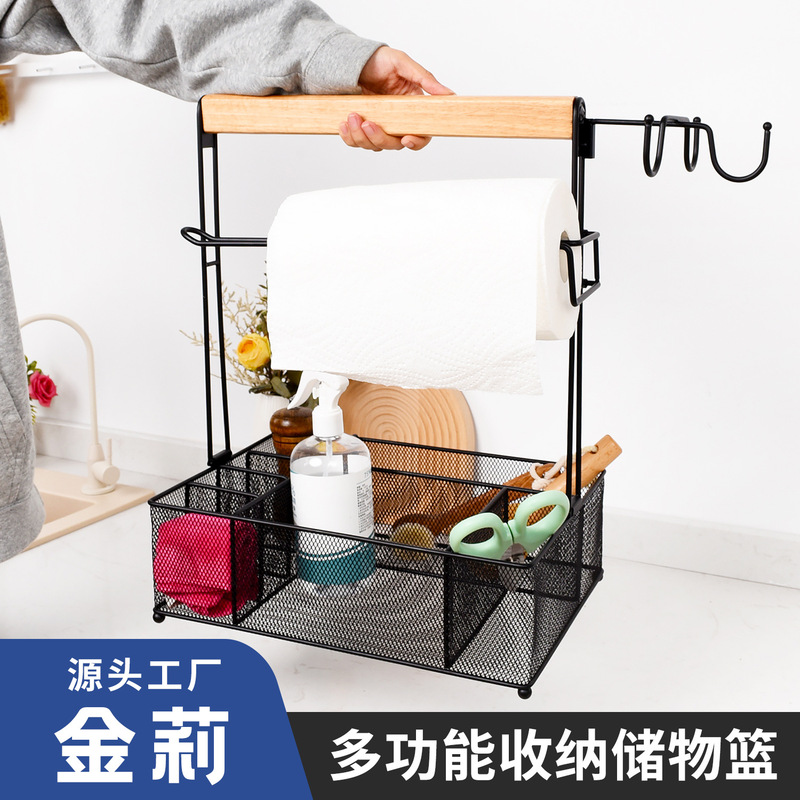 Customized Wrought Iron Storage Basket Portable Outdoor Storage Rack Picnic Camping Style Condiment Wooden Handle Hand Basket