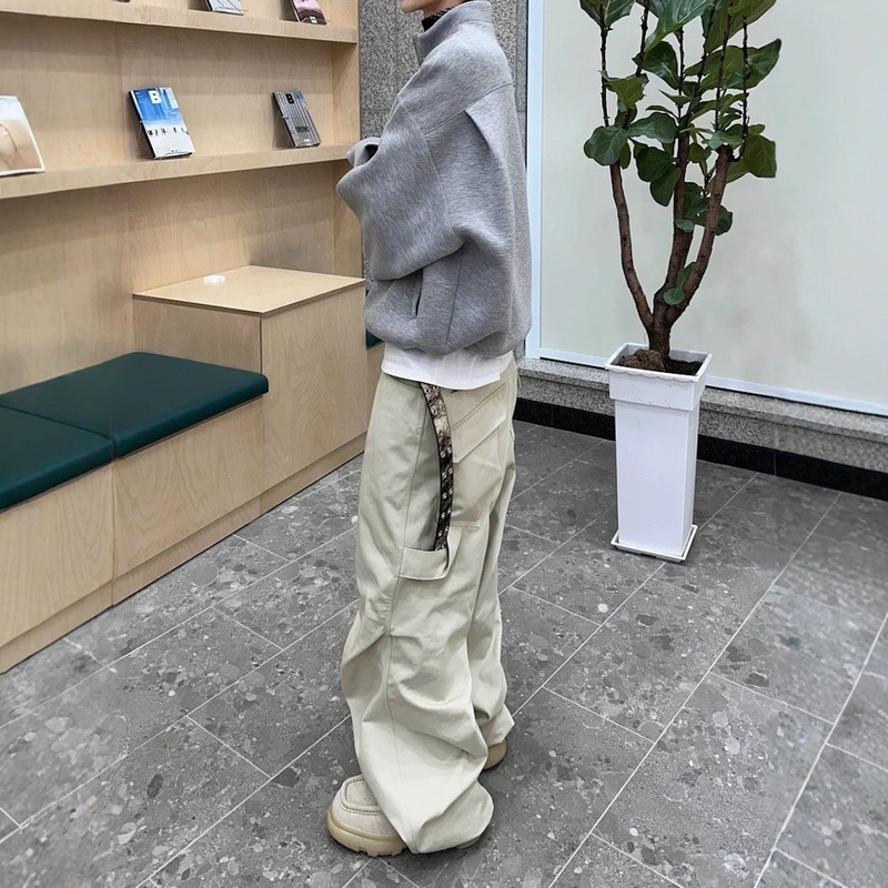 自主潮牌复古打褶弯刀阔腿工装裤小众立体口袋廓形baggy休闲长裤|undefined