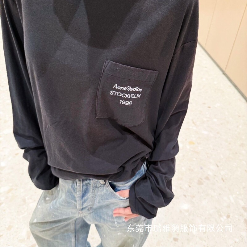 Original Label Matching 2026 New Ac Pocket Letter Print Distressed Collar Long Sleeve Fashion New T-Shirt Loose Fit for Women