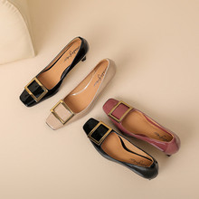 真皮方扣浅口单鞋女高跟鞋秋新品头层牛漆皮方头性感细跟工作鞋女