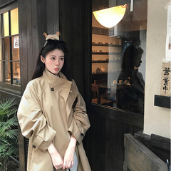 法式立领宽松中长款卡其色风衣女2025年春秋系带经典休闲外套百搭