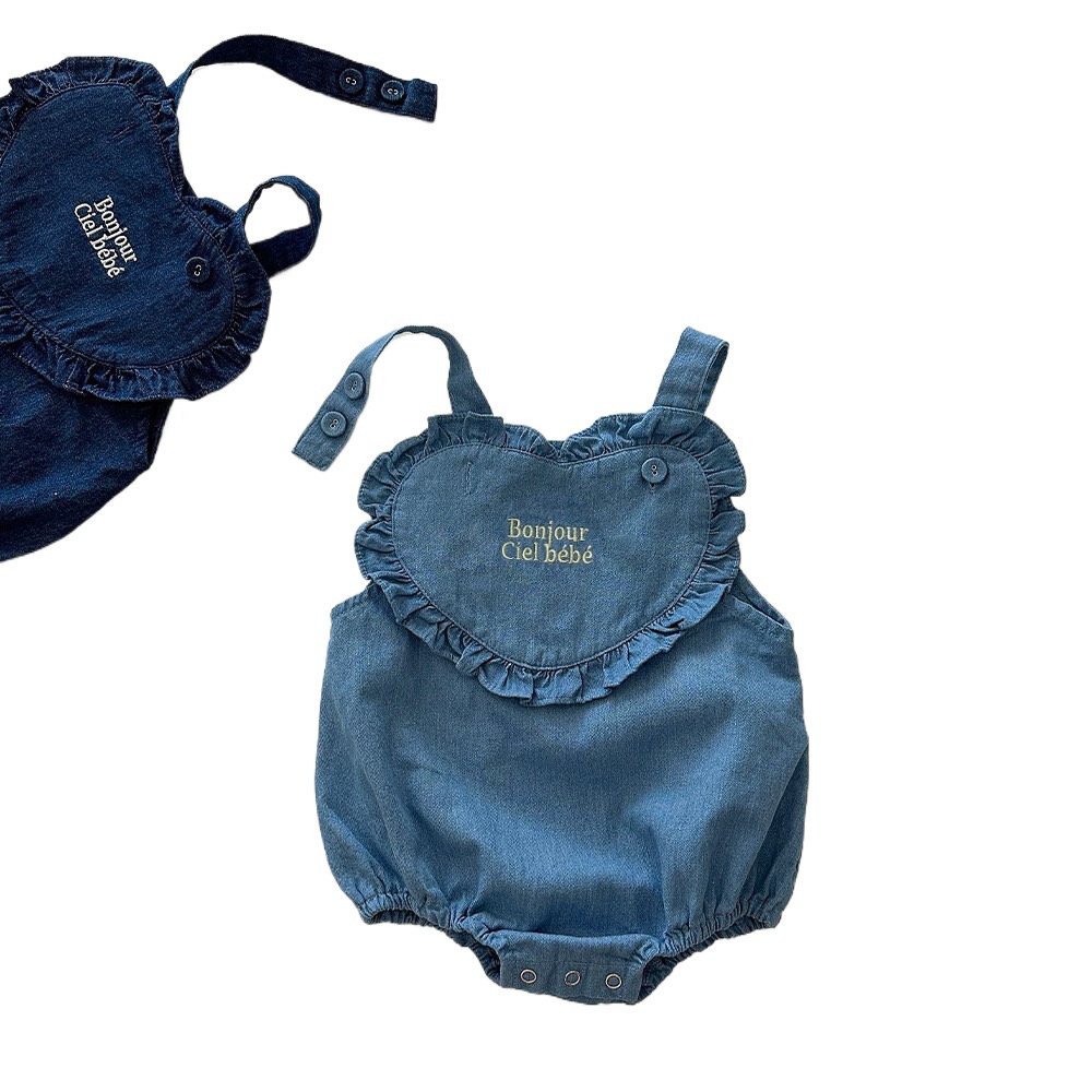 Estilo coreano recién nacido de los hombres y las mujeres de algodón bordado Denim mameluco ins niños de primavera y verano todo-juego suspender romper moda