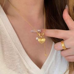 中古金色拉丝爱心吊坠项链女轻奢高级感锁骨链时尚气质百搭毛衣链